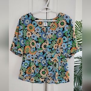 CAbi Floral Print Women's Blouse - Blue, Green, Orange